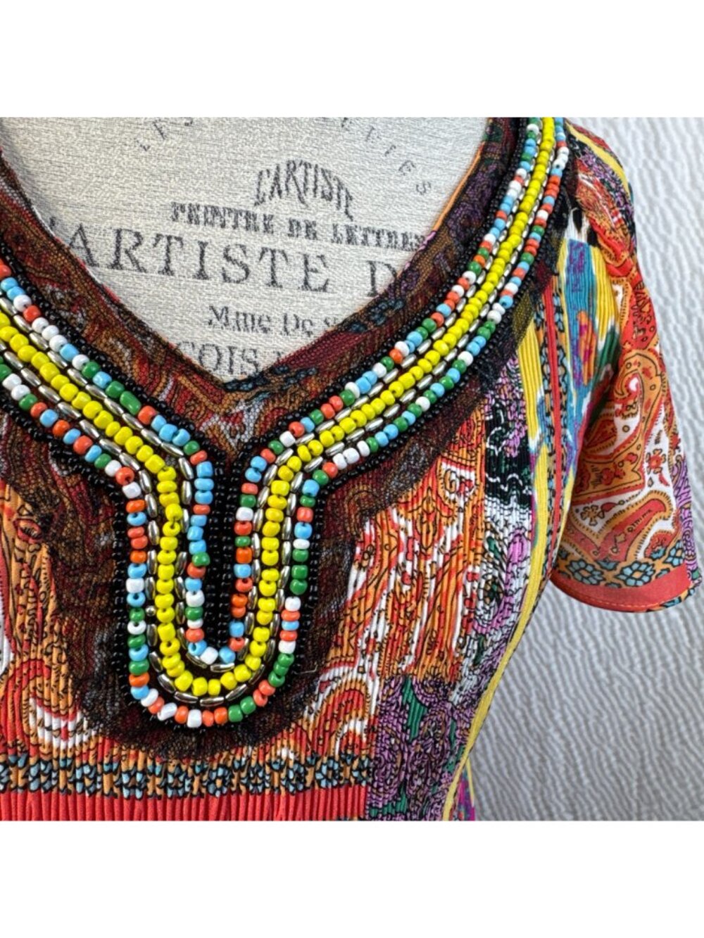 Melissa Paige Bohemian Multicolor Patchwork Tunic Top With Beaded V-Neck - Picture 3 of 8